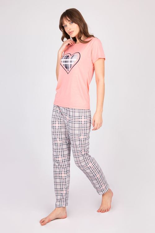  Women's Short-Sleeve Multi-Colored Plaid Patterned Pajama Set with Hearts