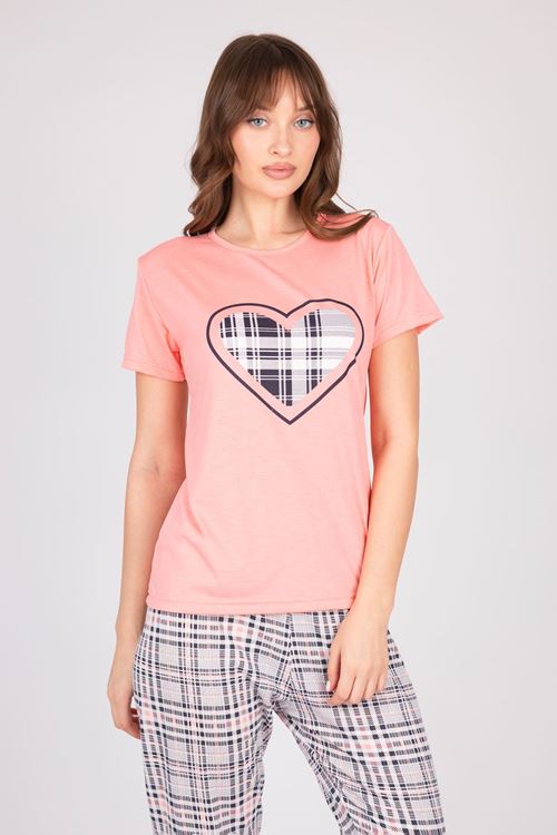  Women's Short-Sleeve Multi-Colored Plaid Patterned Pajama Set with Hearts