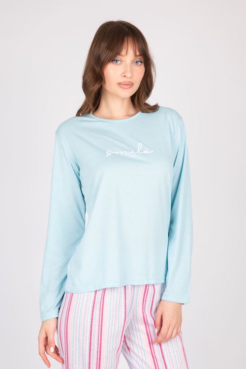 Kadın Uzun Kollu Yumuşak Dokulu Mavi Pijama Takımı