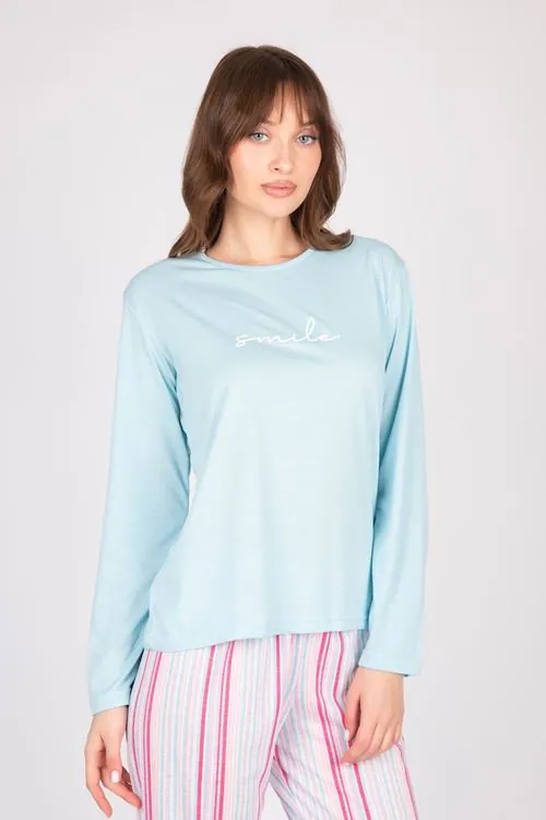 Kadın Uzun Kollu Yumuşak Dokulu Mavi Pijama Takımı