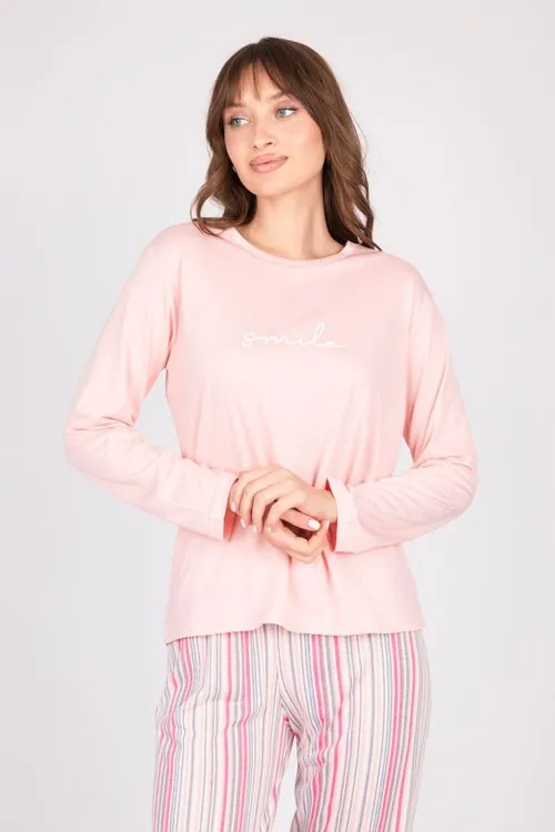 Kadın Uzun Kollu Yumuşak Dokulu Pembe Pijama Takımı