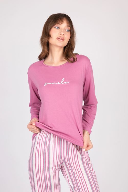 Kadın Uzun Kollu Yumuşak Dokulu Mor Pijama Takımı