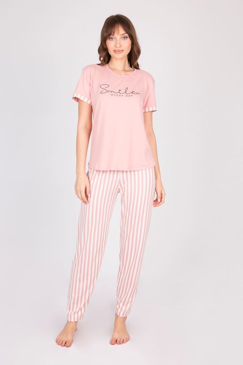 Kadın Kısa Kollu Yumuşak Dokulu Bambu Pembe Pijama Takımı