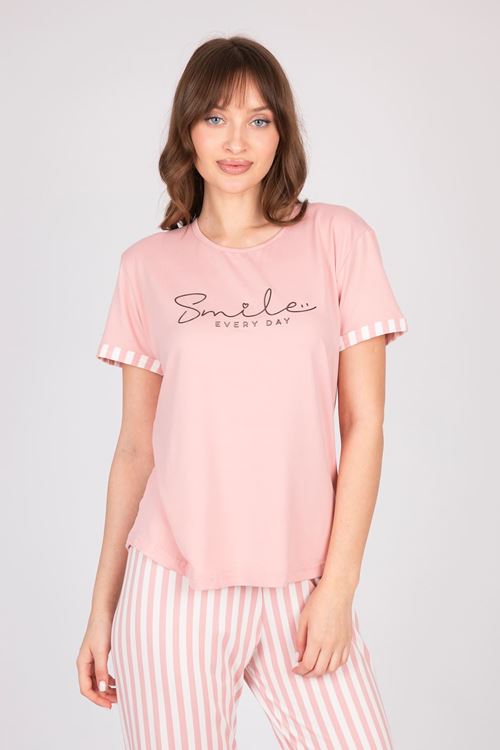 Kadın Kısa Kollu Yumuşak Dokulu Bambu Pembe Pijama Takımı