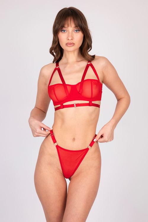 Women's Cross Strap Detailed Underwired Red String Thong Set