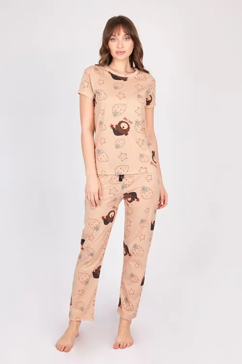 Kadın Kısa Kollu Pamuklu Ayıcıklı Çilekli Kahverengi Desenli Pijama Takımı