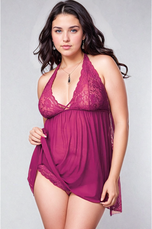 Women's Plus Size Purple Lace Mesh Nightgown