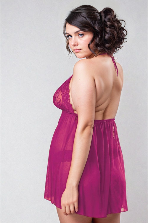Women's Plus Size Purple Lace Mesh Nightgown