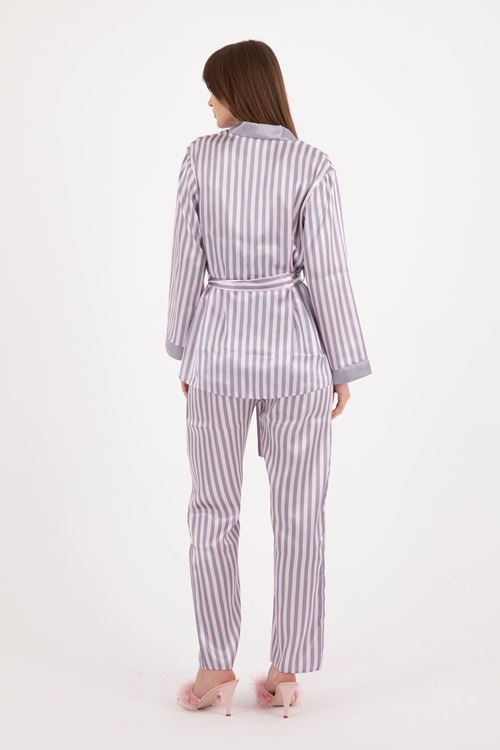 Women's Triple Piece Grey Satin Pyjama Set with Robe