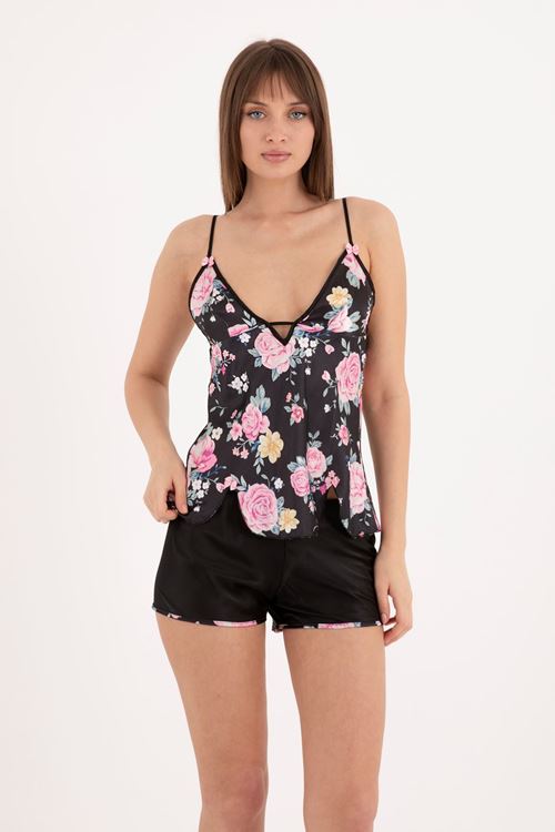 Floral Black Strap Sleeveless Satin Shorts Pyjama Set