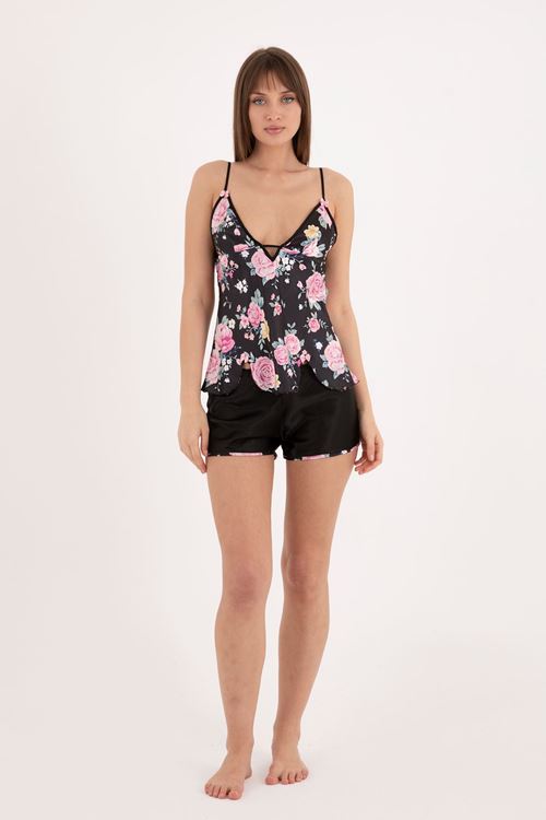 Floral Black Strap Sleeveless Satin Shorts Pyjama Set