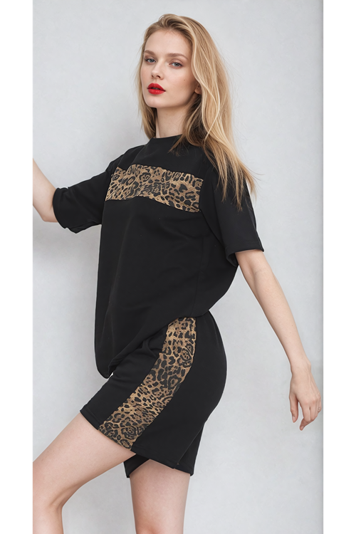 Kadın Siyah Leopar Desenli Kısa Kollu Yazlık Şortlu Eşofman Takımı