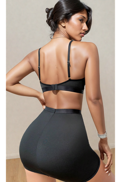 Siyah Transparan Etekli Tanga Sütyen 3 Parça Dantelli Tül İç Çamaşırı Takımı