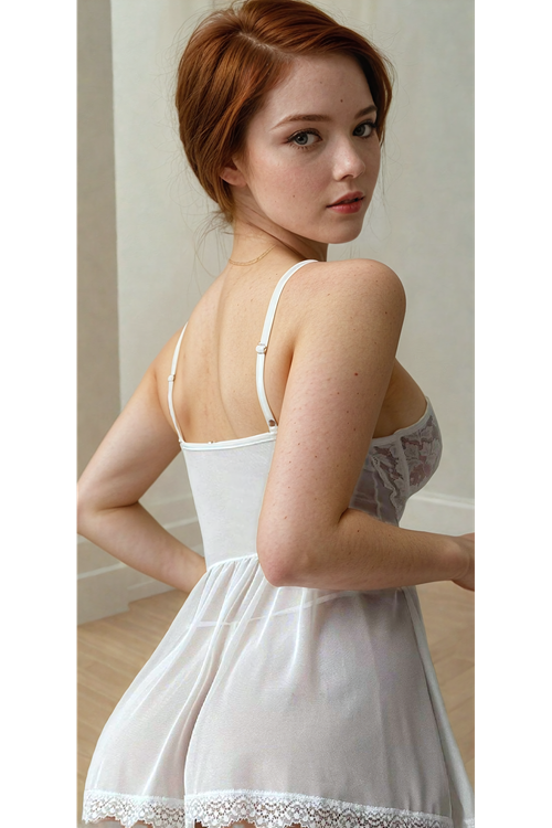 Woman Knitted Detail Lace Tulle Ecru Mini Fantasy Nightgown