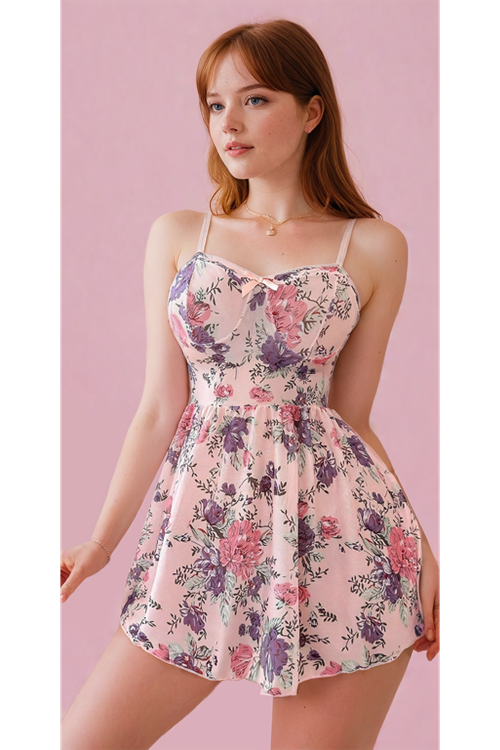 Pink Mini Nightgown with Floral Straps for Women