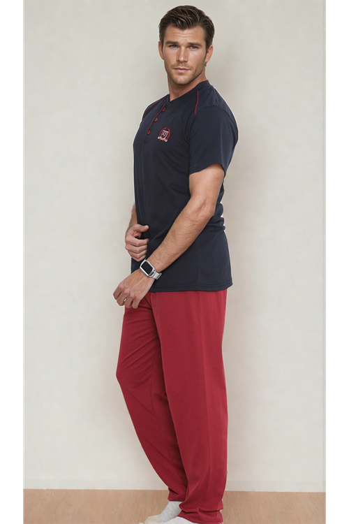 Men's Buttoned Short Sleeve Summer Navy Bordeaux Cotton Pajama Set