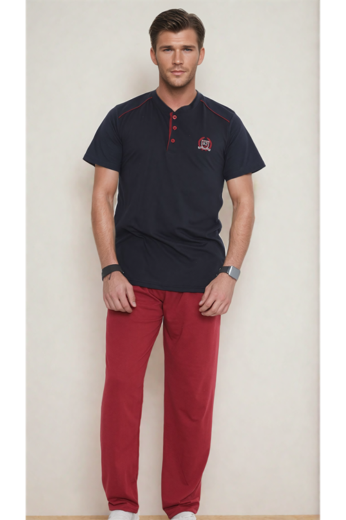 Men's Buttoned Short Sleeve Summer Navy Bordeaux Cotton Pajama Set