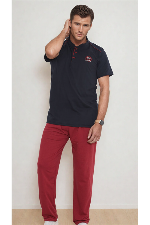 Men's Buttoned Short Sleeve Summer Navy Bordeaux Cotton Pajama Set