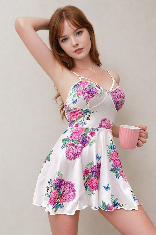 Women's Short Floral Sleeveless Strappy White Nightgown