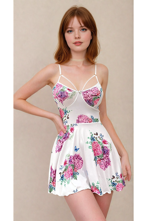 Women's Short Floral Sleeveless Strappy White Nightgown