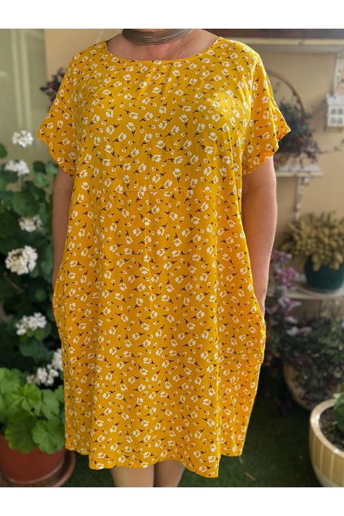 Kadın Çiçek Desenli Kısa Kol Plaj Yazlık Sarı Pamuklu Viskon Cepli Büyük Beden Elbise