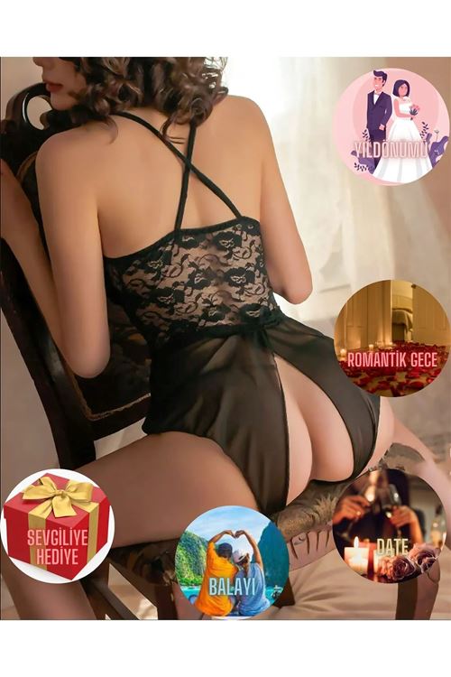 Kadın Siyah özel Bölgesi Açık Dantelli Askılı Seksi Babydoll Fantezi Gecelik