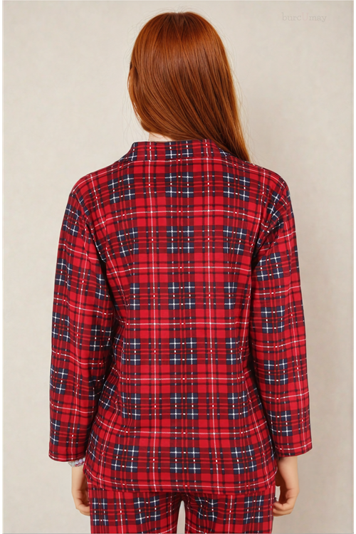 Kadın Ekoseli Kışlık Uzun Kollu Desenli Önden Düğmeli Kırmızı Süet Pijama Takımı