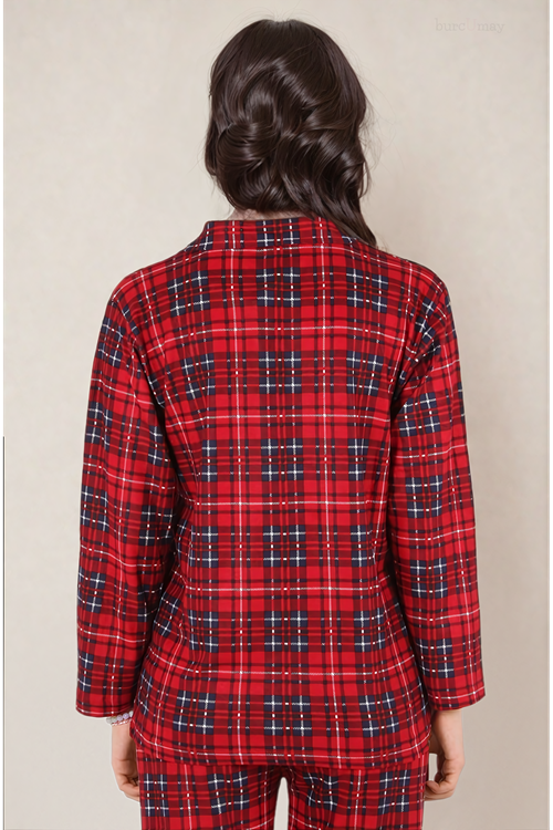 Kadın Büyük Beden Ekoseli Kışlık Uzun Kollu Desenli Önden Düğmeli Kırmızı Süet Pijama Takımı