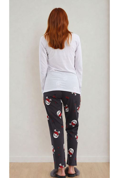 Kadın Panda Desenli Kalpli Uzun Kollu Pijama Takımı