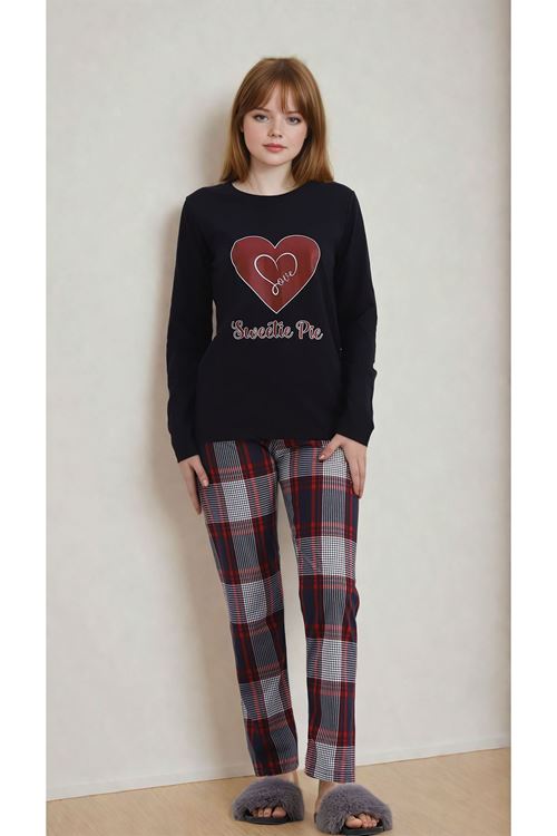 Kadın Kalpli Bisiklet Yaka Ekoseli Pantolon Uzun Kollu Lacivert Pijama Takımı