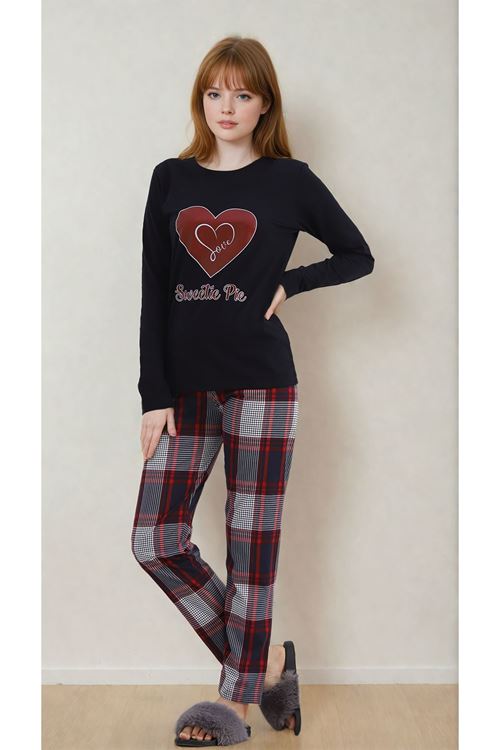 Kadın Kalpli Bisiklet Yaka Ekoseli Pantolon Uzun Kollu Lacivert Pijama Takımı