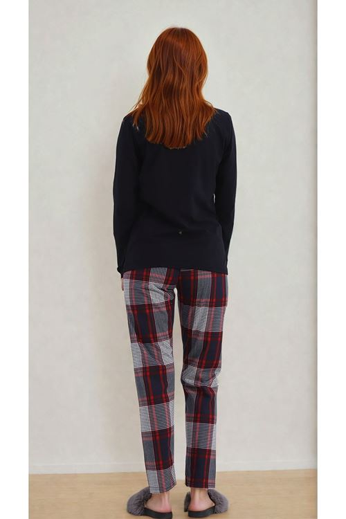 Kadın Kalpli Bisiklet Yaka Ekoseli Pantolon Uzun Kollu Lacivert Pijama Takımı