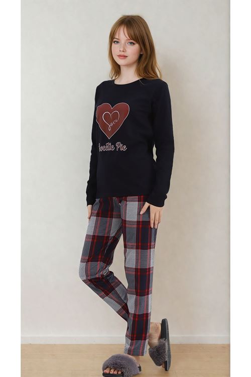Kadın Kalpli Bisiklet Yaka Ekoseli Pantolon Uzun Kollu Lacivert Pijama Takımı