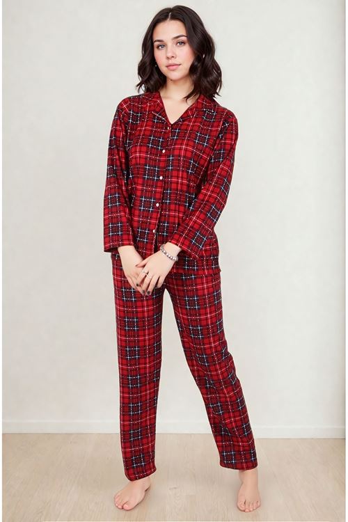 Kadın Büyük Beden Ekoseli Kışlık Uzun Kollu Önden Düğmeli Gömlek Yaka Kırmızı Süet Pijama Takımı