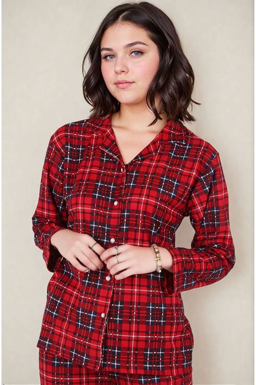 Kadın Büyük Beden Ekoseli Kışlık Uzun Kollu Önden Düğmeli Gömlek Yaka Kırmızı Süet Pijama Takımı