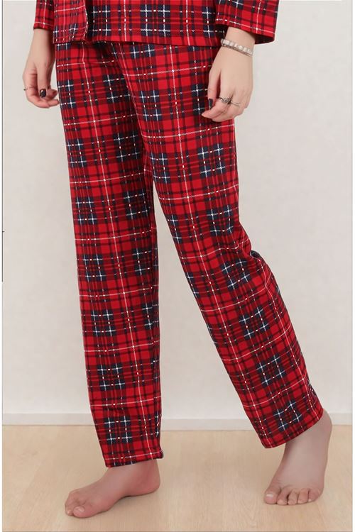 Kadın Büyük Beden Ekoseli Kışlık Uzun Kollu Önden Düğmeli Gömlek Yaka Kırmızı Süet Pijama Takımı