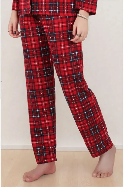 Kadın Büyük Beden Ekoseli Kışlık Uzun Kollu Önden Düğmeli Gömlek Yaka Kırmızı Süet Pijama Takımı