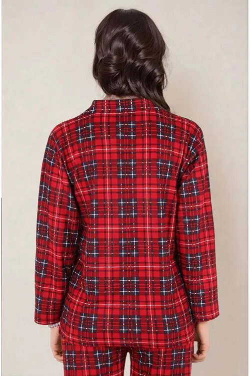Kadın Büyük Beden Ekoseli Kışlık Uzun Kollu Önden Düğmeli Gömlek Yaka Kırmızı Süet Pijama Takımı