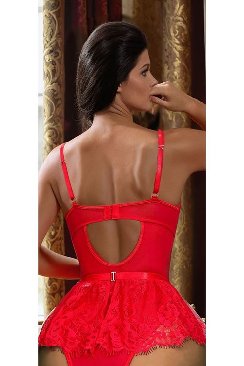 Kırmızı Dantelli Etekli Babydoll File Jartiyer Çoraplı Transparan Mini Seksi Fantezi Gecelik Takım