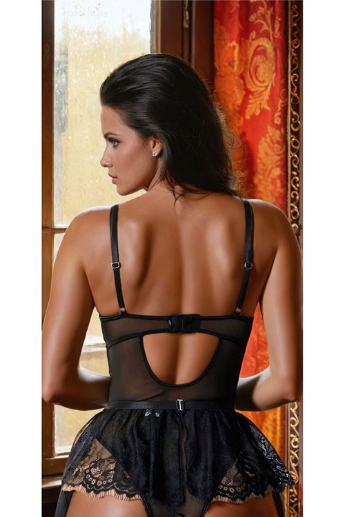 Siyah Dantelli Etekli Babydoll File Jartiyer Çoraplı Transparan Mini Seksi Fantezi Gecelik Takım