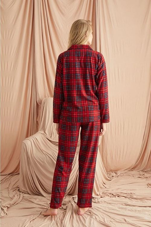 Ekose Süet Düğmeli Uzun Kol Pijama Takımı