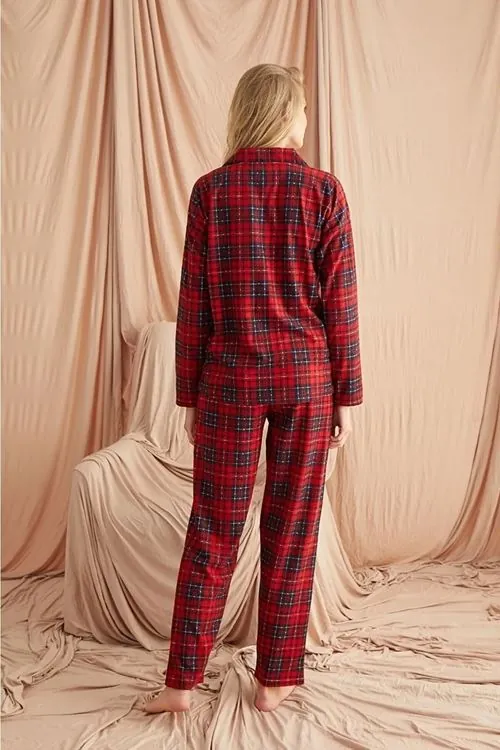 Ekose Süet Düğmeli Uzun Kol Pijama Takımı
