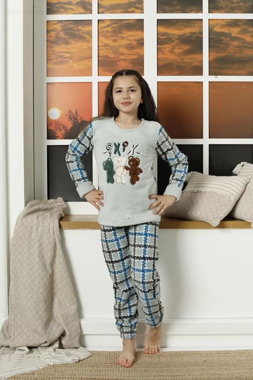 Desenli Kışlık Uzun Kollu Ayıcıklı Polar Peluş Kız Çocuk Pijama Takımı