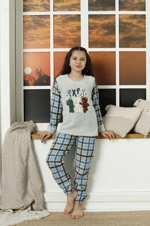 Desenli Kışlık Uzun Kollu Ayıcıklı Polar Peluş Kız Çocuk Pijama Takımı