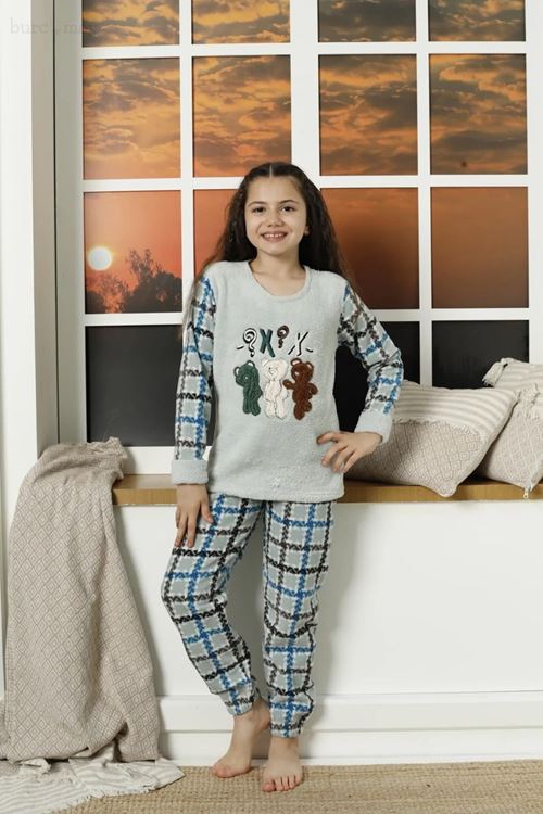 Desenli Kışlık Uzun Kollu Ayıcıklı Polar Peluş Kız Çocuk Pijama Takımı