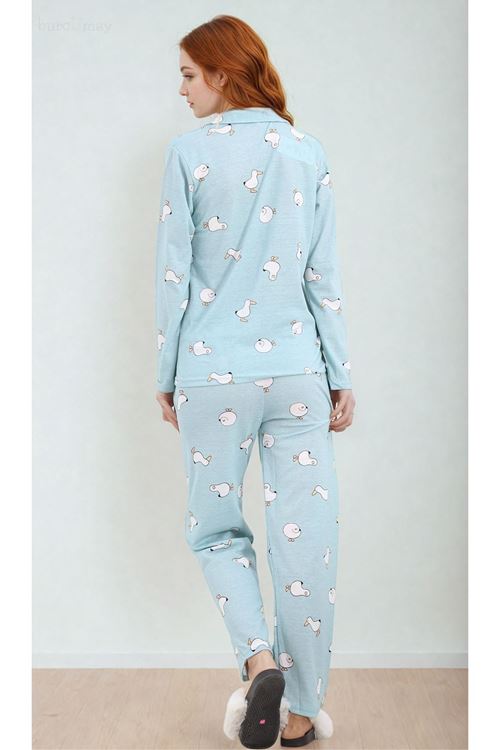 Kadın Martı Desenli Uzun Kollu Önden Düğmeli Gömlek Yaka Turkuaz Pijama Takımı