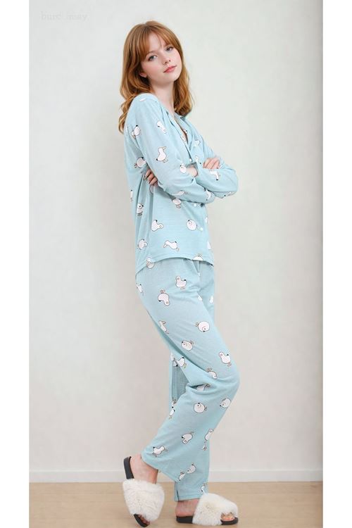 Kadın Martı Desenli Uzun Kollu Önden Düğmeli Gömlek Yaka Turkuaz Pijama Takımı