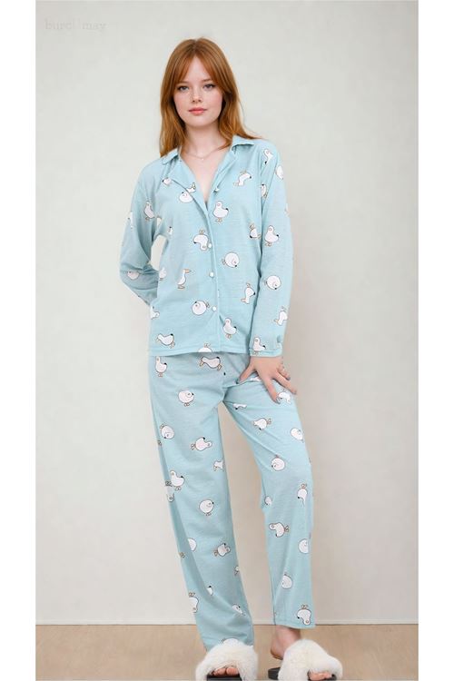 Kadın Martı Desenli Uzun Kollu Önden Düğmeli Gömlek Yaka Turkuaz Pijama Takımı