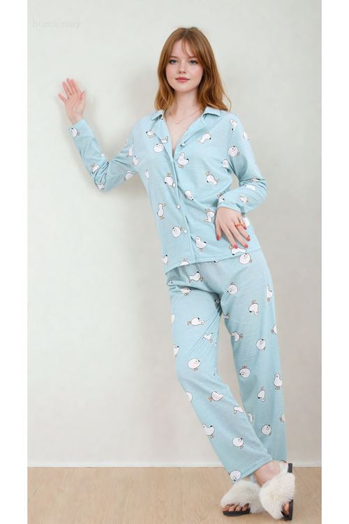 Kadın Martı Desenli Uzun Kollu Önden Düğmeli Gömlek Yaka Turkuaz Pijama Takımı