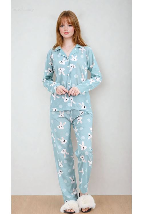 Kadın Tavşanlı Uzun Kollu Önden Düğmeli Gömlek Yaka Turkuaz Pijama Takımı